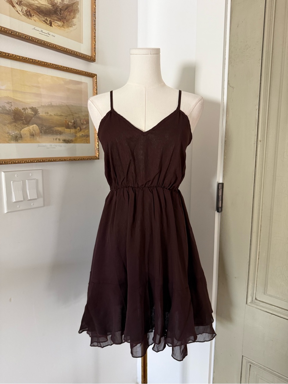 NWT Commense Chocolate Brown Ruffled Cape Mini Dress - Picture 8 of 13
